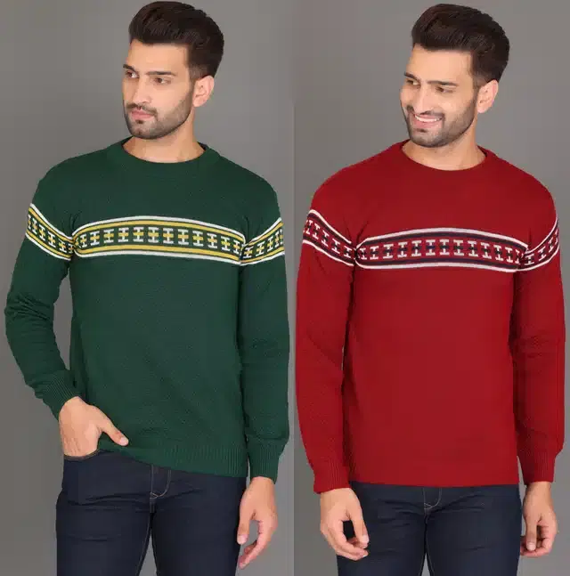 Cotton Jersey Printed Sweater for Men, Pack of 2 (Green & Maroon, M)