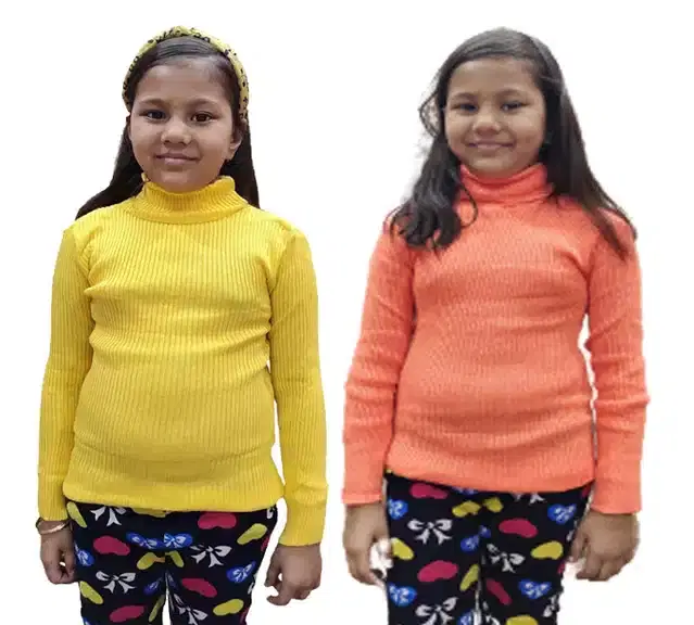 Full Sleeves Solid Sweater for Girls, Pack of 2 (Yellow & Orange, 3-6 Months)