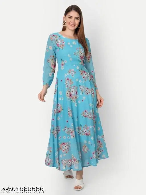 Floral Printed Anarkali Kurti for Women (Blue, S)