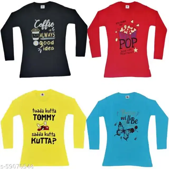 Cotton Full Sleeves T-Shirt for Girls, Pack of 4 (Multicolor, 11-12 Years)