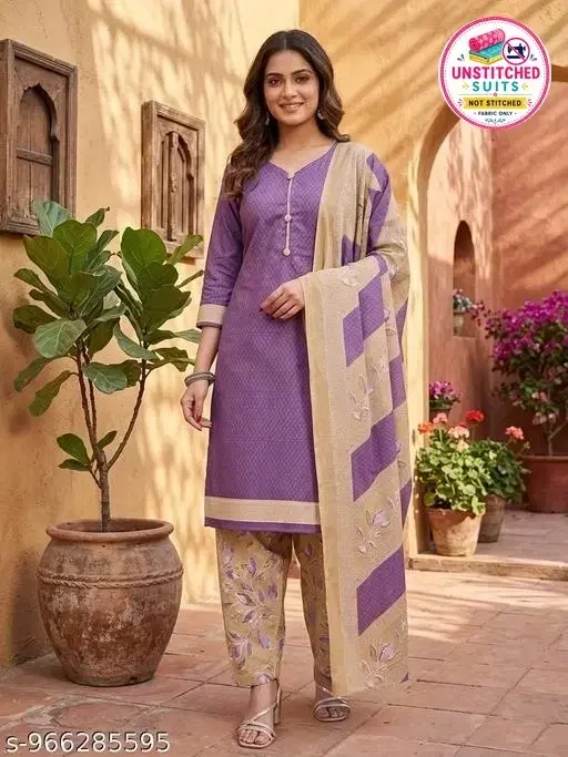 SIMPLYETHNIC Cotton Blend Printed Salwar Suit Set for Women (Beige, L)