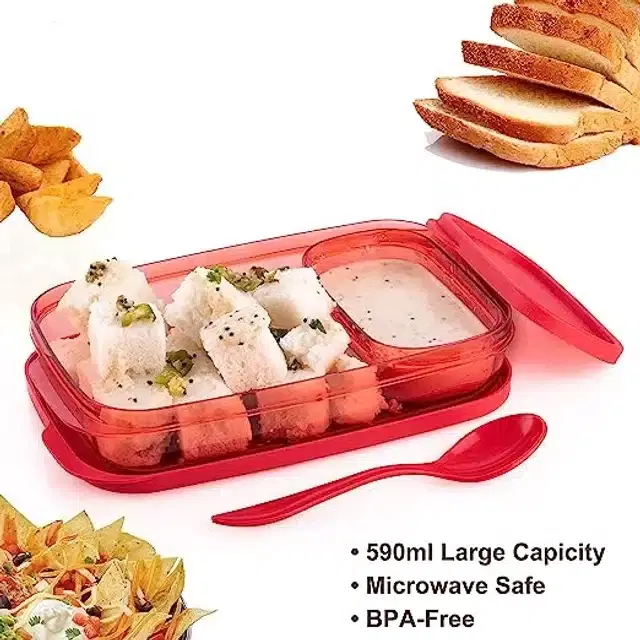 2 Containers Lunch Box, Red, 600 ml, Set of 1