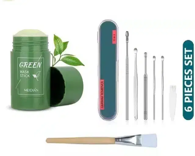 Green Face Mask Stick with Earwax Remover Tool, 5 Pcs & Face Pack Brush, Set of 3