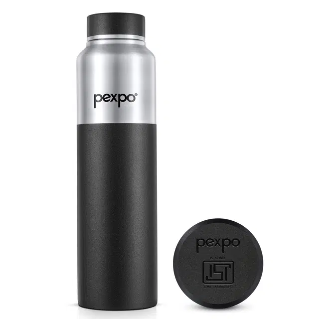 Pexpo Crown 1000 Stainless Steel Sports/Fridge Water Bottle with Sipper Cap - 950ml | BPA Free - Silver & Knight Black