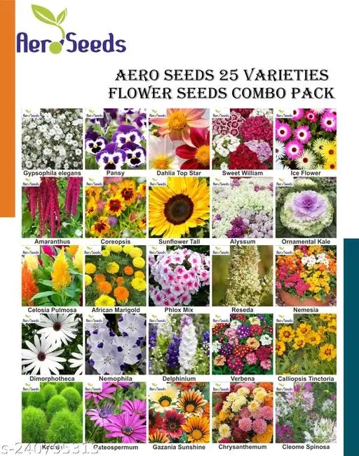 Aero Seeds 25 variety flower seeds combo pack with instruction manual.
