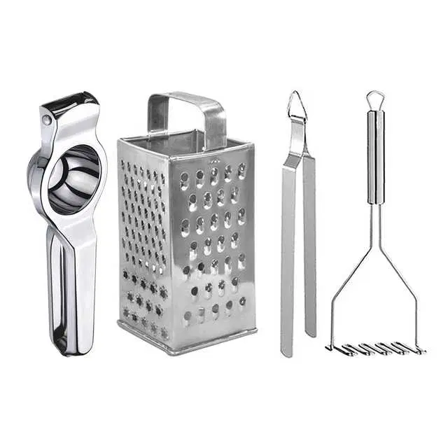 Oc9 Stainless Steel Lemon Squeezer & 4 in 1 Grater Or Slicer & Roti Chimta & Potato Masher Kitchen Tool Set, O-104