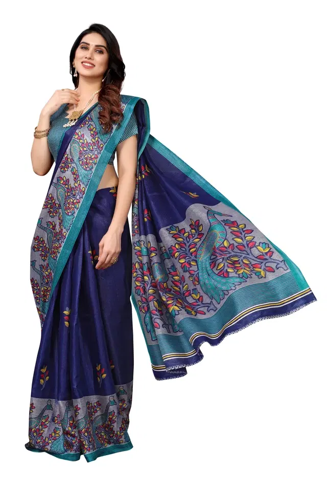 Assam Art Silk Saree for Women (Navy, Free Size)