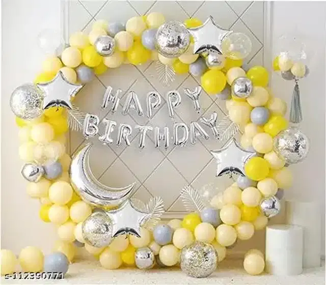Birthday Party Decoration Kit, Yellow & Silver, Set of 74