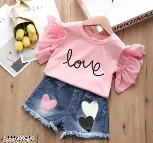 Hosiery Cotton & Denim Printed Clothing Set for Kids, Pink (0-3 Months)