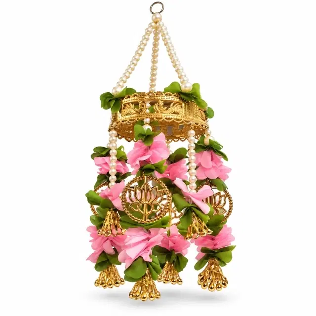 Golden Dome Jhoomar With Pink Floral And Lotus Medallion, Pearl Handles