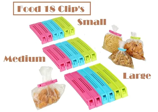 Plastic Food Bags Airtight Vaccum Sealer Clips, Multicolor, Set of 18