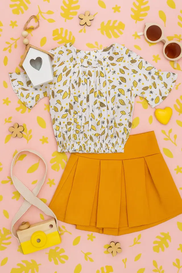 Polyester Printed Clothings Set for Girls, Mustard & Off White (22)