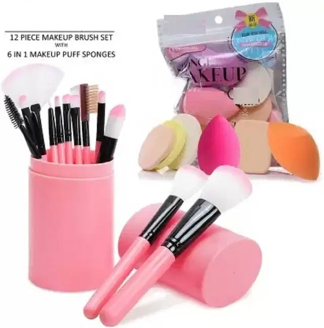 Professional 12-Piece Makeup Brush Set With Box + Soft 6-In-1 Makeup Sponge Pack, Set of 18
