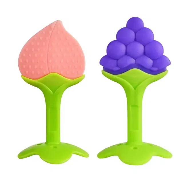 Teething Toys For Newborn Infant,Bpa Free Safe Silicone Fruit Baby Teethers For Babies 0-6 Months 6-12 Months,  Pack Of 2, Peach + Grapes