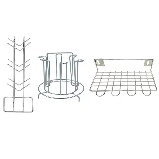 Stainless Steel Cup Stand & Glass Holder with Utensil Holder, Set of 3, Silver