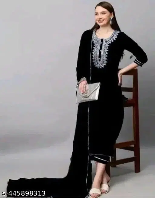 Rayon Embroidered A-line Kurta Set for Women ( Black,M )