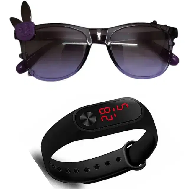 UV Protected Sunglass with Digital Watch for Boys & Girls, Set of 2 (Black)
