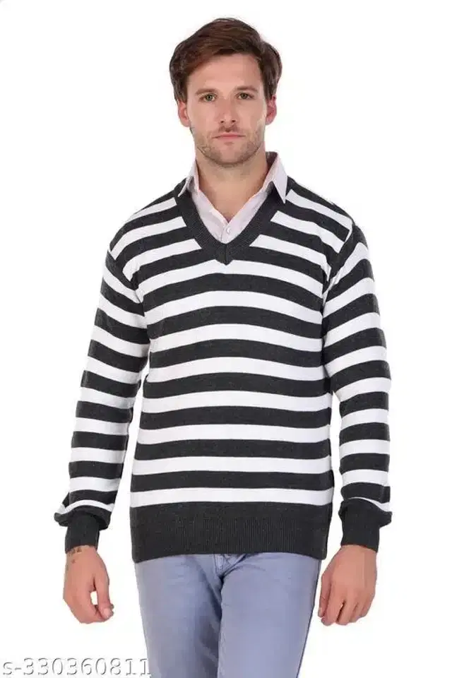 Acrylic Sweater for Men (Grey & White, M)