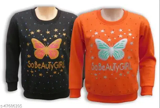 Fleece Printed Full Sleeves Round Neck Sweatshirts for Girls, Pack of 2 (Black & Orange, 2-3 Years)
