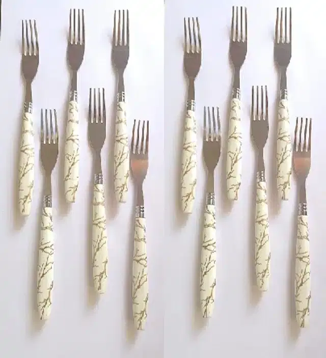Fork with Ceramic Handle for Kitchen, Silver, Pack of 12