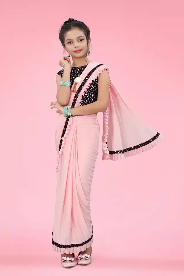 Ready to Wear Saree with Unstitched Blouse for Kids (Pink, 10 -11 Years)