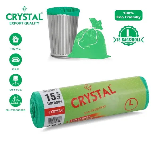 Crystal Garbage Bags 24 X 32 Inches (Large Size) 15pcs (1 Rolls) Dustbin Bag/Trash Bag - Green Color