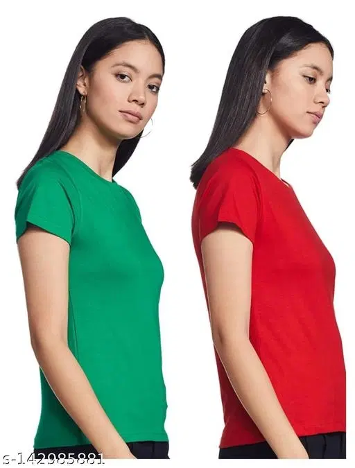 Cotton Solid T-Shirt for Women, Green &  Red, Pack of 2 (S)