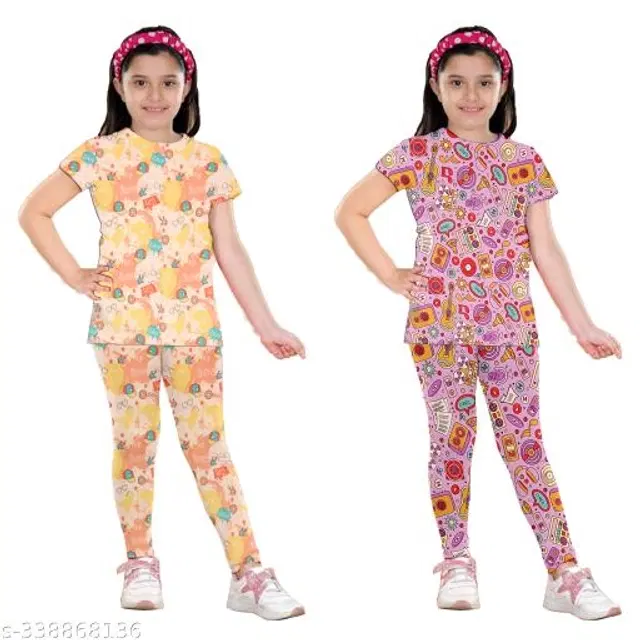 Polycotton Nightsuit for Girls, Pack of 2 (Yellow & Purple, 1-2 Years)