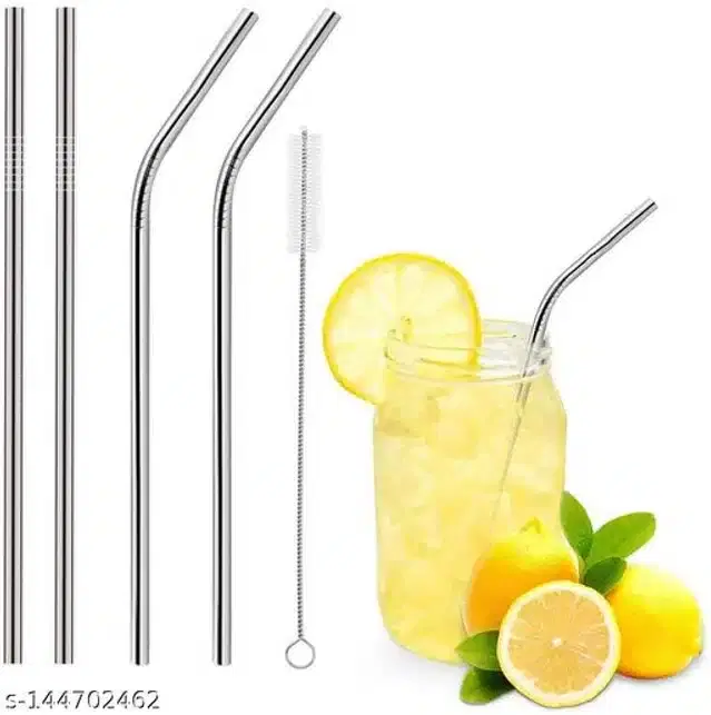 Stainless Steel Straws, 4 Pcs with Cleaning Brush, Silver, Set of 2