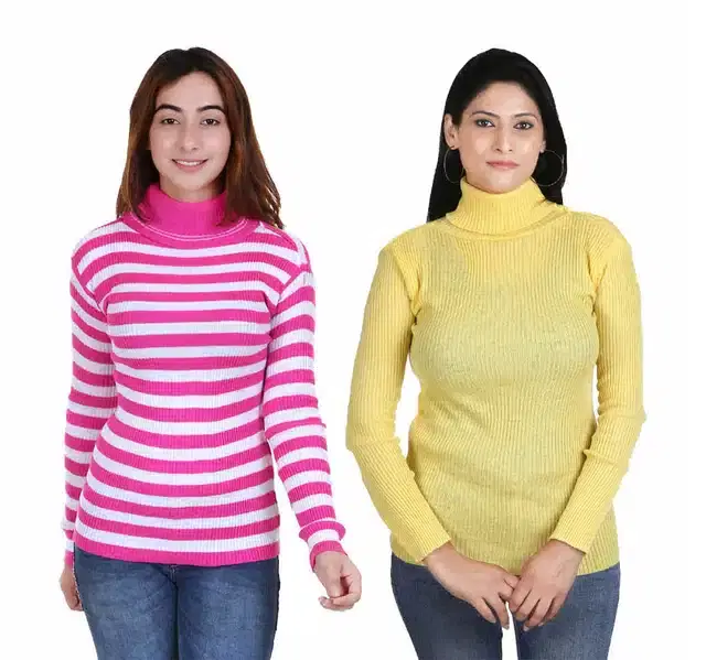 Full Sleeves Solid Sweater for Women, Pack of 2 (Yellow & Dark Pink, L)