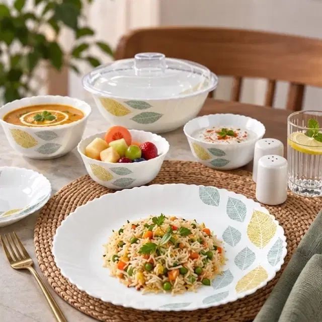 Cello Dazzle Foliage Dinner Set 33 Pc | Set Of 33 | Microwave & Dishwasher Safe | Chip-Resistant Opalware | Lightweight & Bone-Ash Free
