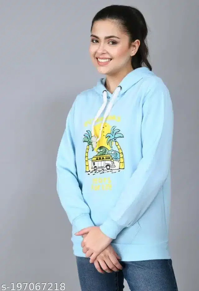 Fleece Printed Full Sleeves Hooded Sweatshirt for Women (Sky Blue, S)