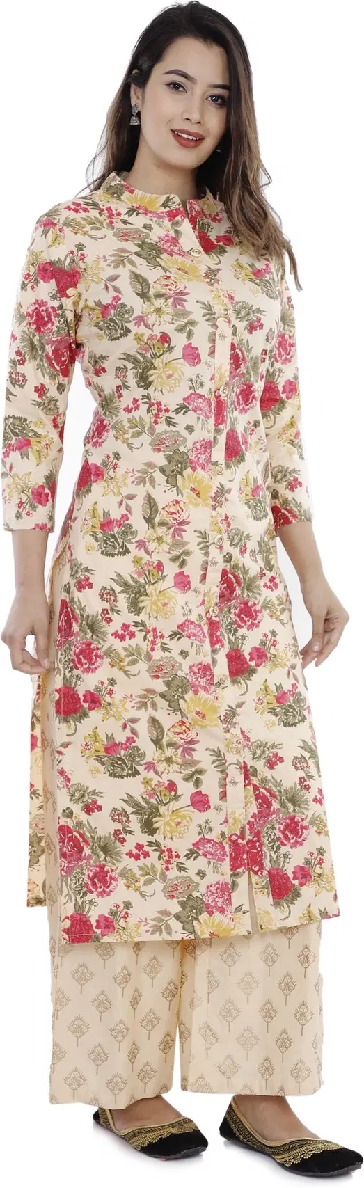 Cotton Blend Floral Print Kurti for Women, Beige (M)