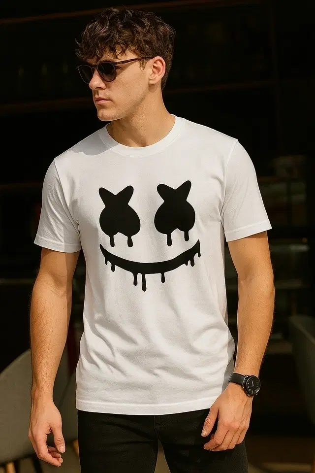 Round Neck Marshmallow Printed T-Shirt for Men, White (L)