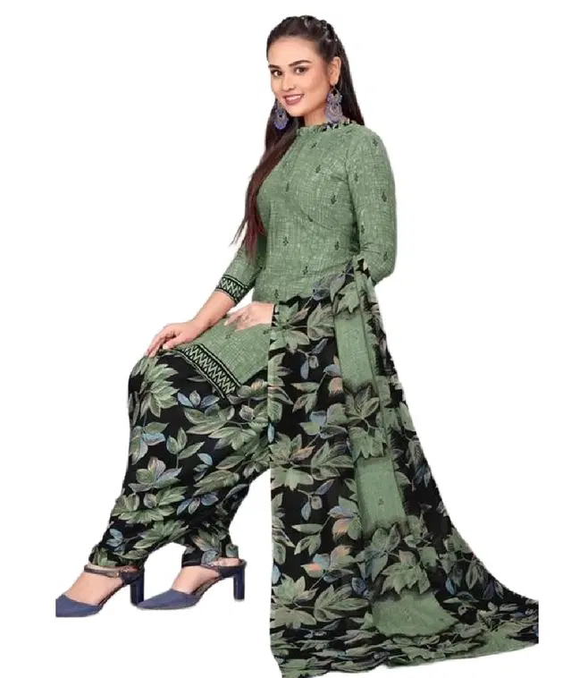 Crepe Printed Unstitched Suits Fabrics for Women (Green & Black, 2.25 m)