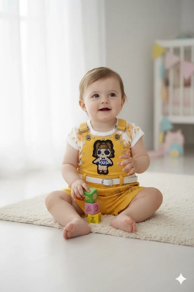 Denim Sleeveless Dungaress for Girls (White & Yellow, 6-12 Months)