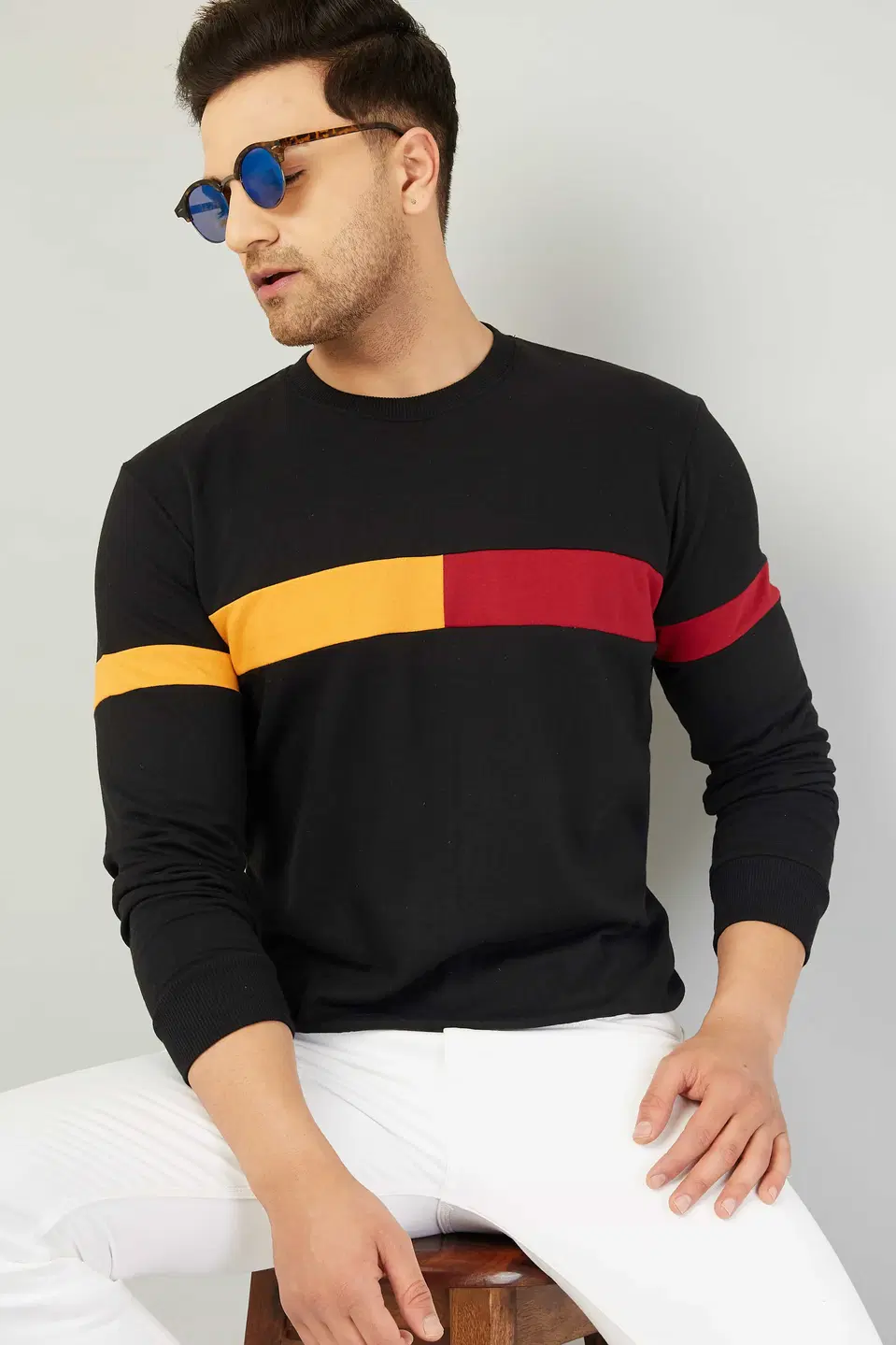 GESPO Mens Full Sleeve Colour Block Sweatshirt (Black, S) (S53)