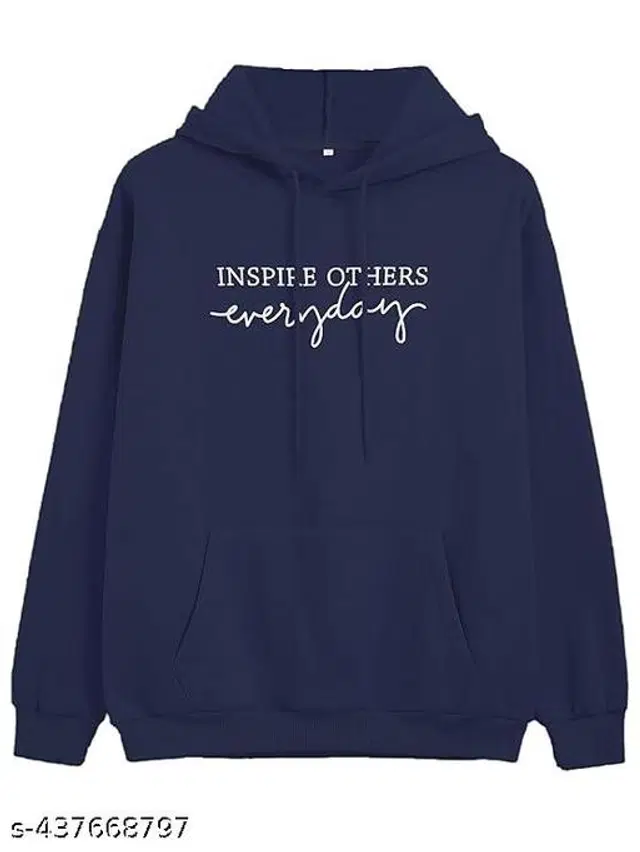 Cotton Blend Printed Hoodie for Women (Navy Blue, S)