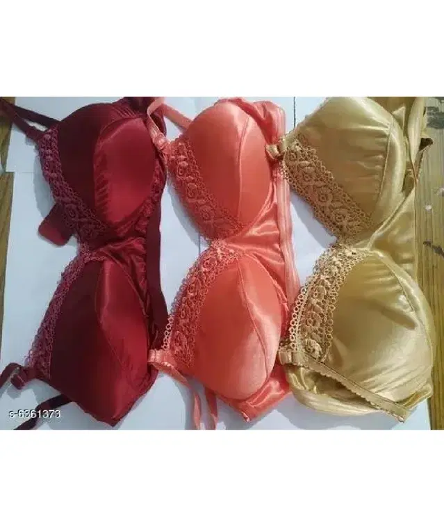 Satin Solid Padded Bras for Women, Pack of 3, Multicolor (30 A)