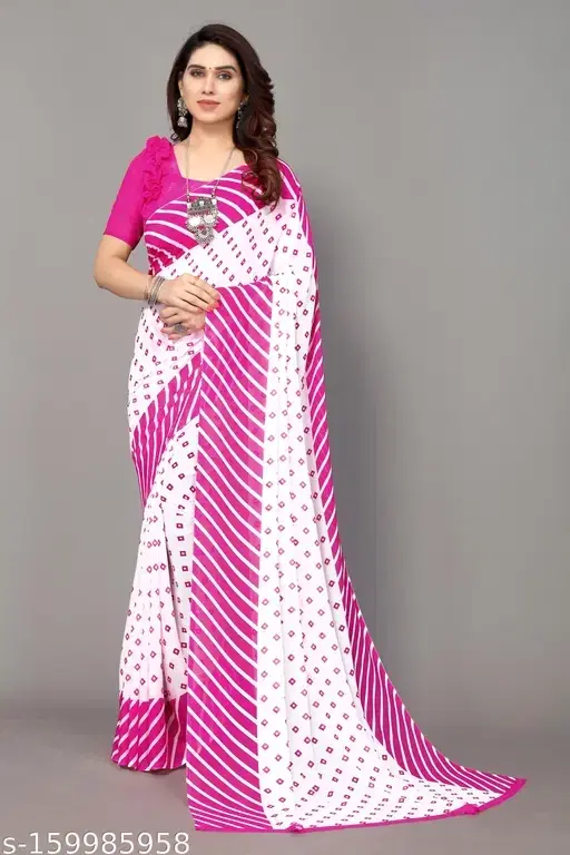 Georgette Printed Saree for Women, Pink & White