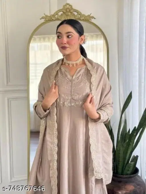 Embroidered Flared Kurta Set for Women (Beige, S)