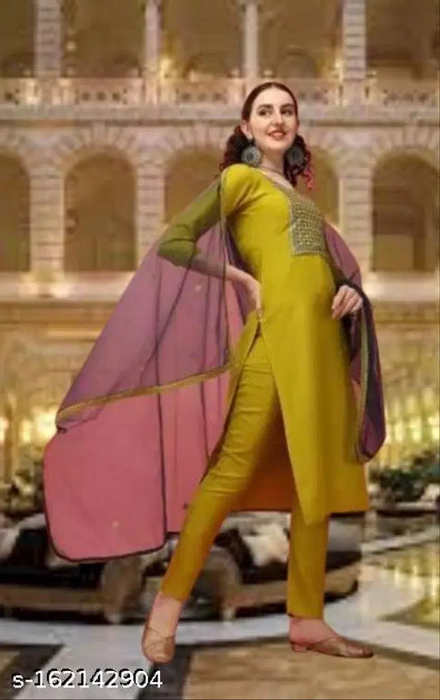 Cotton Blend Embroidered Kurta with Pant & Dupatta for Women (Multicolor, S)