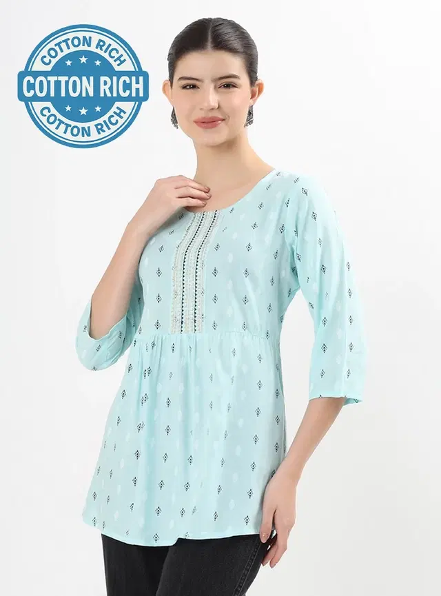 Womens Casual Sleeve Yoke embroidered short Kurti, Blue (S)