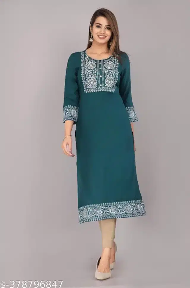 Rayon Solid Kurti for Women (Turquoise, XS)
