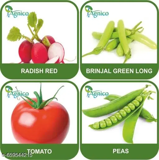4 Vegetable Seeds Combo With Instruction Manual(Radish Red/Brinjal Green Long/Tomato/Peas)