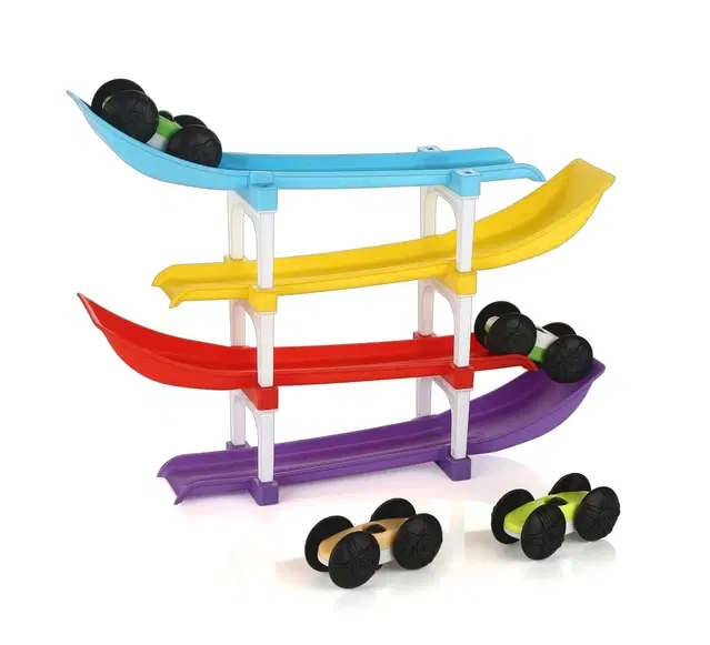 Racer Ramp Car Sliding Toy 4 ramps & 4 cars for Kids (Set of 1, Multicolor)