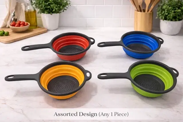Kitchen Foldable Silicone Strainer Colanders, Collapsible Colanders with Handles, Space-Saver Folding Strainer Colander for Draining Pasta, Vegetable (Assorted Any 1 Colour)