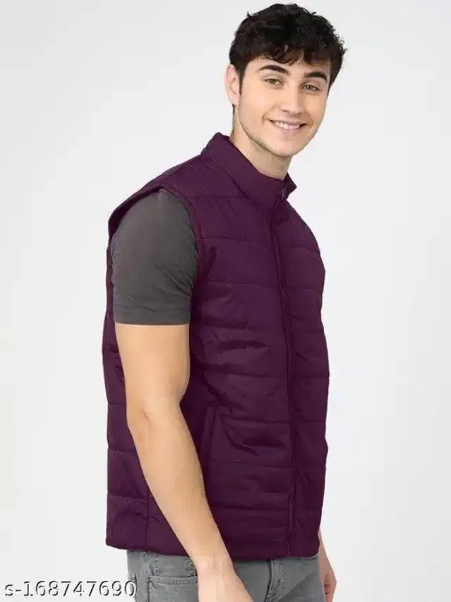 Polyester Sleeveless Solid Jacket for Men (Wine, L)