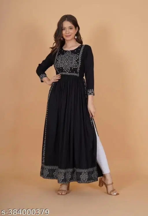 Rayon Printed Kurti for Women, Black (XS)