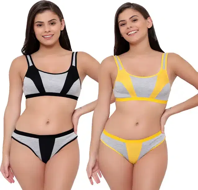 Cotton Blend Lingerie Set for Women, Set of 2 (Black & Yellow, 34)